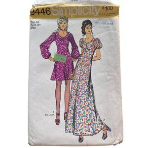 70s Simplicity 9446 Juniors Misses Dress Sewing Pattern Size 14 Two Lengths CUT